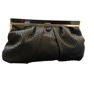 Aldo Black Woven Faux Leather Clutch Purse Metal Frame Evening Wedding Handbag